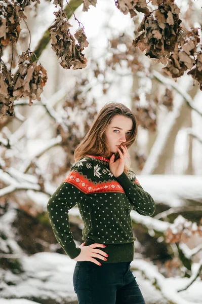 Giovane Bella Ragazza Con Capelli Lunghi Che Indossano Maglione Natale — Foto Stock