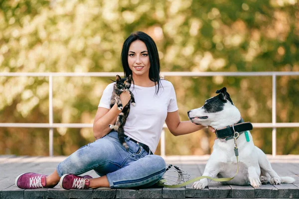 Lifestyle portrait of beautiful young brunette girl with little cat and big hound dog sitting outdoor in park. Happy cheerful smiling teen hugging lovely pets. Owner and cute animals friendship