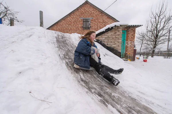 Cheerful Girl Using Plastic Bag Sled Riding Cellar Icey Trek — Stock Photo, Image