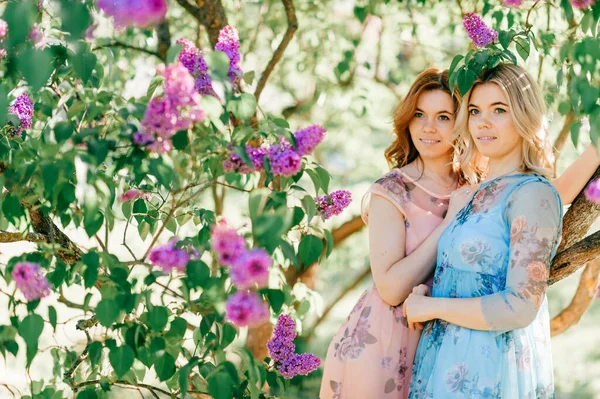 Adorável Alegre Feliz Irmãs Gêmeas Fabulosas Diferentes Belos Vestidos Verão — Fotografia de Stock