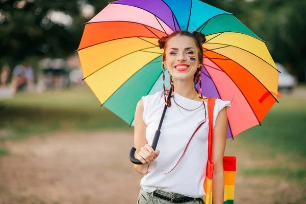 Lesbian Red Hair Girl Pigtails Lgbt Flag Her Face Colorful — Stock Photo, Image