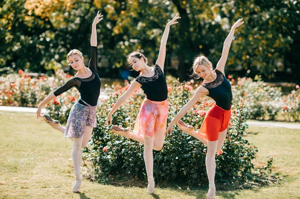 Tres Hermosas Bailarinas Bailando Equilibrando Luz Del Sol Parque Verano —  Fotos de Stock