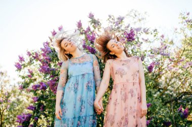 İki güzel hayat tarzı heyecanlı kız kardeş dışarıda leylak çalılıklarda eğleniyor. İkizler, gülümseyen genç kızlar modeller el ele tutuşup başlarını sallıyorlar. Benzer görünümlü kadınlar çocukluk davranışları doğada