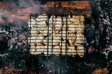 BBC 'de hazırlık. Soyut arka planda kavrulmuş etle dolu bir tabak. Kömürde sıcak, dumanlı barbekü yemeği ve yanmış odun. Açık havada ateş yakmak. Güzel kokulu yemek. Kızarmış çiklet parçaları.