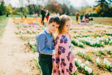Birbirine aşık küçük bir çift el ele tutuşur ve çiçek bahçesinde boş zamanlarının keyfini çıkarırlar..