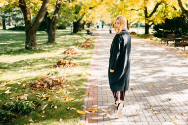 Uzun siyah giysili ve çizgili pantolonlu genç sarışın ağaçlar boyunca sarı yapraklarla yürüyor. Gizemli yabancı sonbahar akçaağacının arka planına bakmak için döndü. Sarışın, bahçede paltolu.