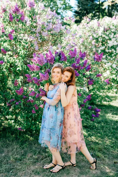 Adorável Alegre Feliz Irmãs Gêmeas Fabulosas Diferentes Belos Vestidos Verão — Fotografia de Stock