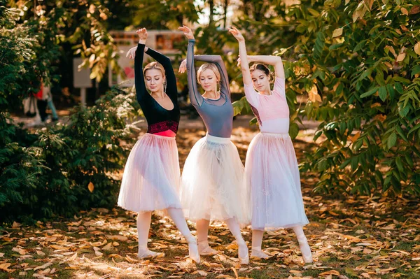 Três Bailarinas Meninas Posando Dançando Belo Parque — Fotografia de Stock