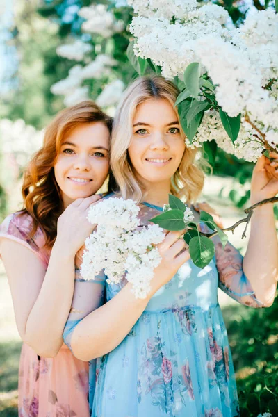 Adorável Alegre Feliz Irmãs Gêmeas Fabulosas Diferentes Belos Vestidos Verão — Fotografia de Stock