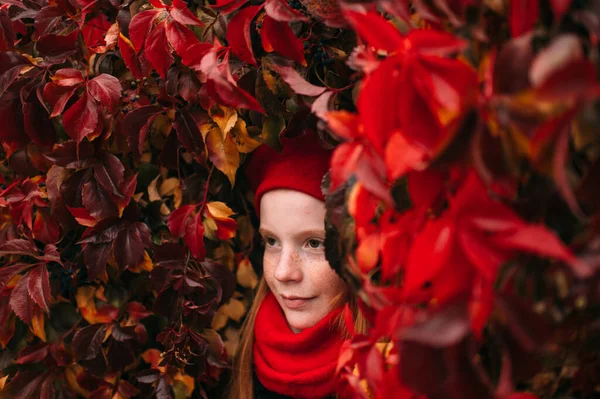 Portret Pozytywnej Piegi Dziewczyny Eleganckim Czerwonym Berecie Szalik Pozowanie Jesiennej — Zdjęcie stockowe