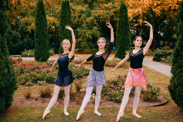 Três Bailarinas Modernas Posando Belo Parque — Fotografia de Stock