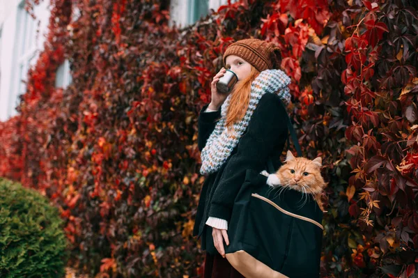 Joven Pecas Chica Ropa Elegante Con Taza Mano Llevando Gato —  Fotos de Stock