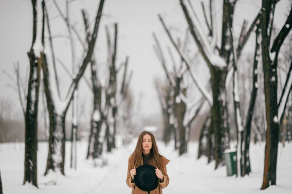 Junges Fröhliches Mädchen Braunem Stylischem Mantel Posiert Winterbaumtal — Stockfoto