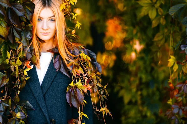 Closeup portrait of beautiful princess girl with read hair in Eden garden. Autumn leaves, trees and bushes. Multicolor beauty of fall nature. Youth pensive person with emotional face. Vegetation