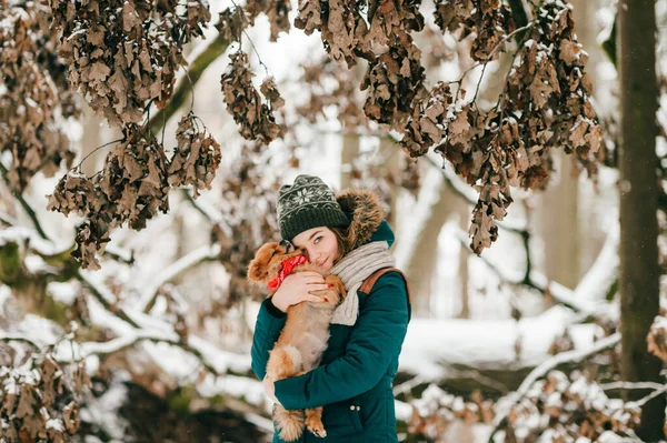 Jovem Menina Positiva Roupas Inverno Segurando Mãos Seu Adorável Filhote — Fotografia de Stock