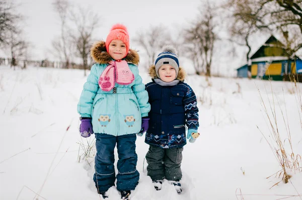 Zwei Lustige Kinder Posieren Verschneiten Feld Kalten Wintertagen Und Halten — Stockfoto
