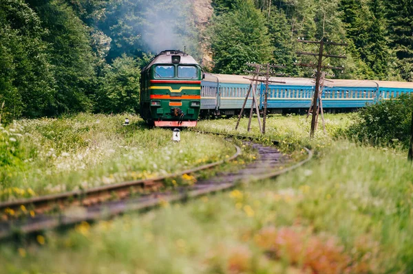 Locomotiva Com Vagões Montando Ferrovia Montanhas Dos Cárpatos Pessoas Vão — Fotografia de Stock