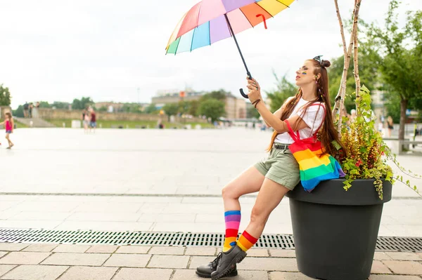 Stylish Bisexual Girl Lgbt Rainbow Her Face Posing City Square — Stock Photo, Image