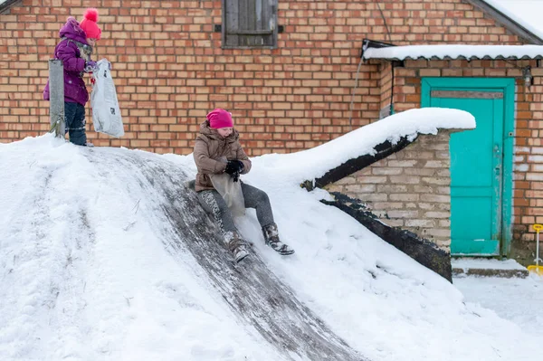 Cheerful Girl Using Plastic Bag Sled Riding Cellar Icey Trek — Stock Photo, Image