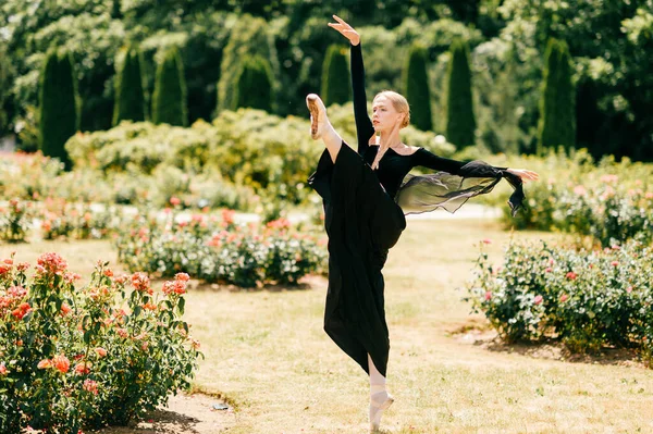 Joven Bailarina Vestido Negro Posando Mostrando Poses Ballet Parque Verano —  Fotos de Stock