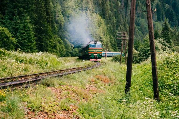 Locomotief Met Wagons Rijden Spoorweg Karpaten Bergen Mensen Gaan Vakantie — Stockfoto