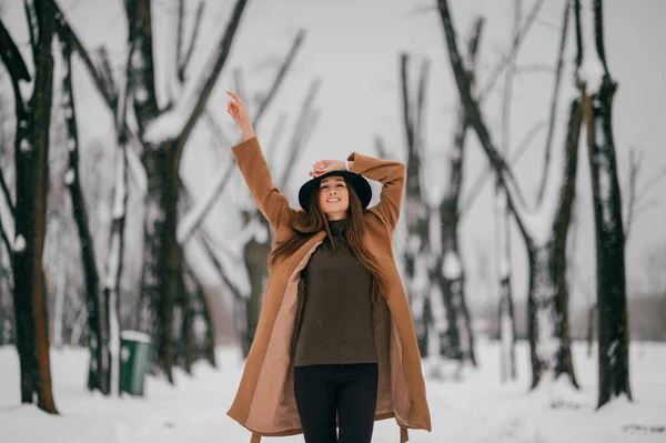 Joven Chica Alegre Marrón Elegante Abrigo Posando Valle Del Árbol — Foto de Stock