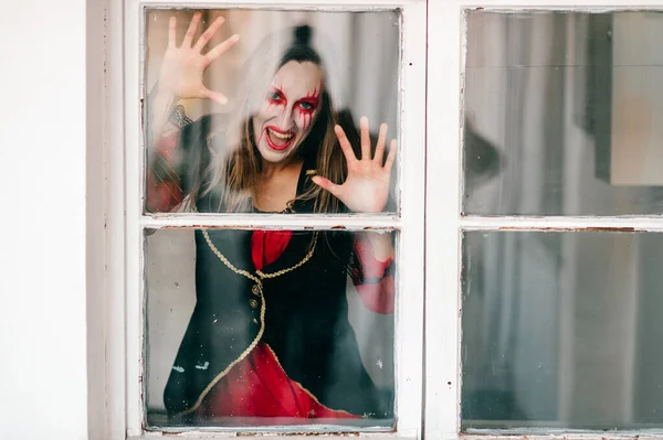 Quaint Girl Witch Costume Poses Window Front Camera Bright Makeup — Stock Photo, Image