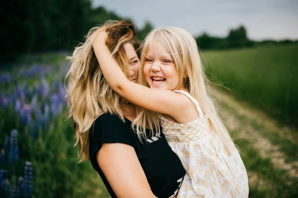 Young Mother Long Hair Holding Little Daughter Princess Hands Playing — Stock Photo, Image