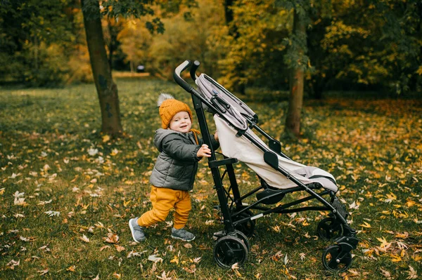 Grappige Foto Van Een Kleine Jongen Die Herfst Een Kinderwagen — Stockfoto