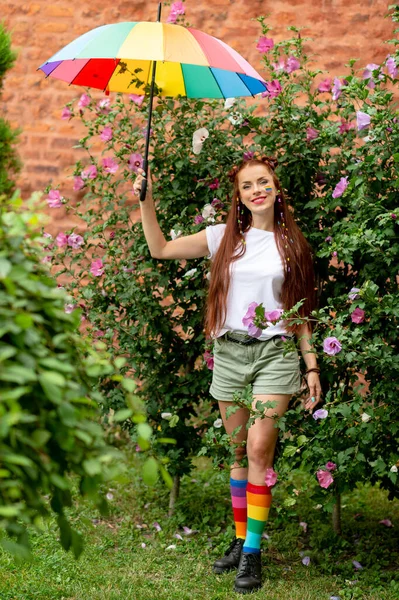 Cheerful Lesbian Lgbt Rainbow Her Face Colorful Umbrella Posing Nature — Stock Photo, Image