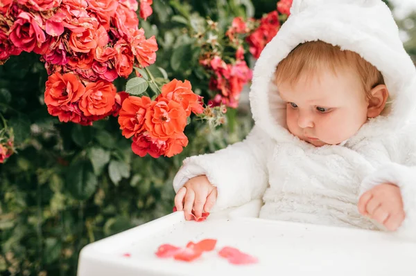 Encantador Menino Sentado Cadeira Alta Livre Nos Arbustos Com Flores — Fotografia de Stock