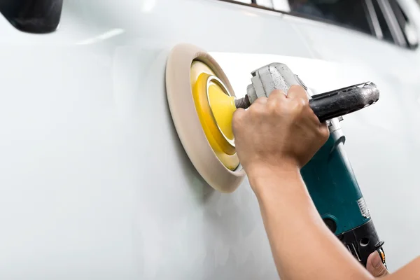 Car Detailing Series Closeup Hand Polishing White Car — Stock Photo, Image