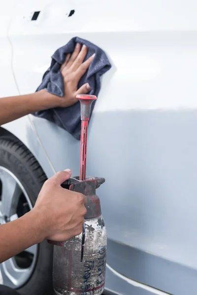 Auto Serie Reparación Del Cuerpo Limpieza Superficie Del Coche Antes — Foto de Stock