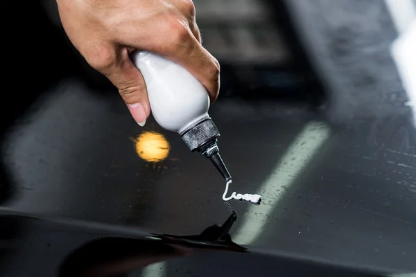 Car detailing series : Polishing black car — Stock Photo, Image