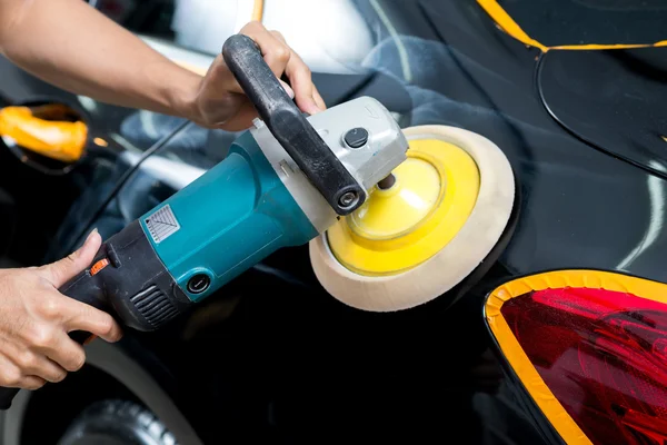 Car Detailing Series Closeup Hand Polishing Black Car — Stock Photo, Image