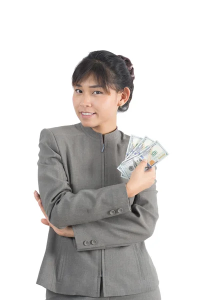 Serie über asiatische Büroangestellte: Geld in der Hand — Stockfoto