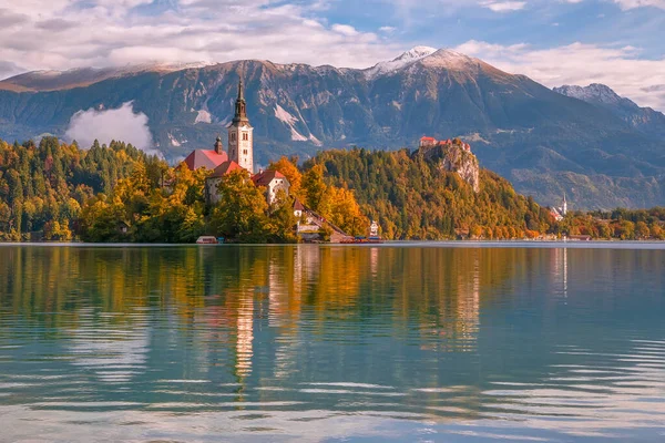 Bela Vista Para Lago Bled Mais Famoso Lago Ilha Eslovena — Fotografia de Stock