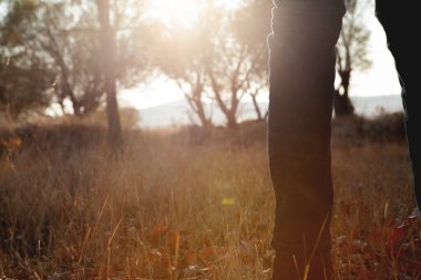 Dışarıda yürüyen bir adamın bacakları. Arka planda yaşam tarzı moda modası sonbahar sezonu doğası.