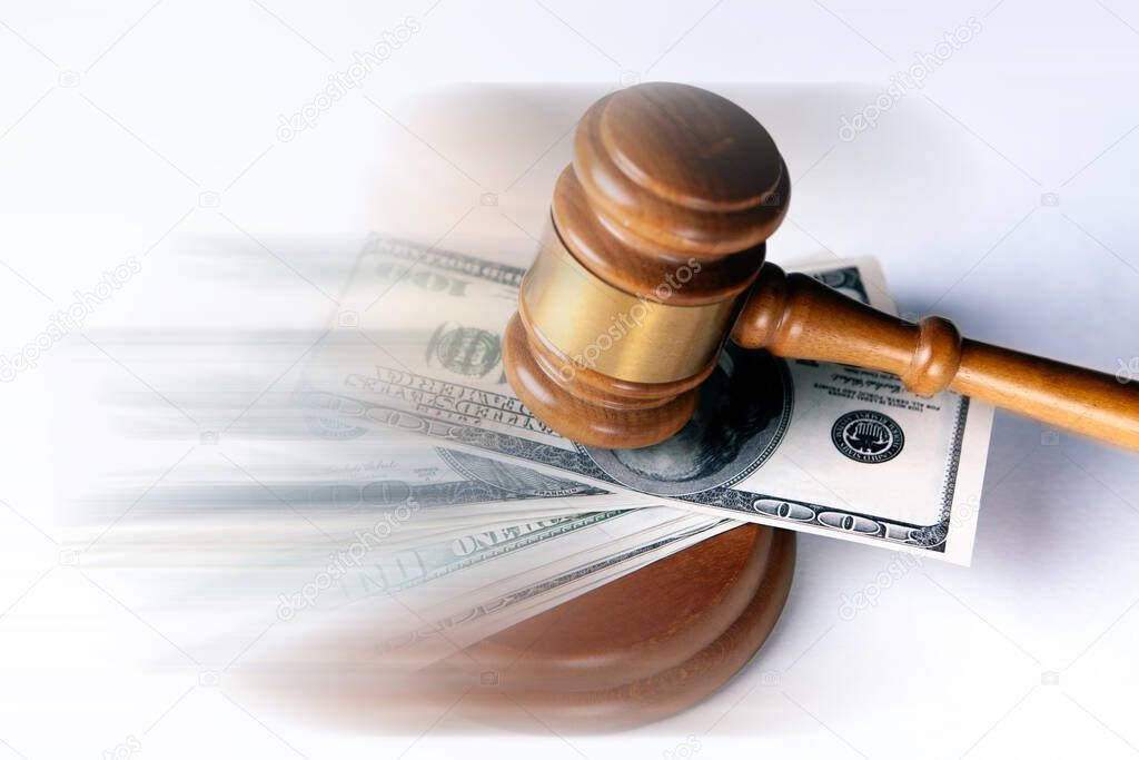 Judge gavel, dollars for business, finance, corruption, money, financial crimes