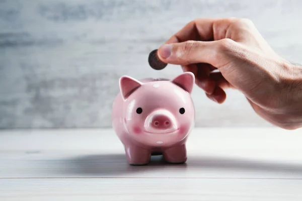Hand Putting Coin Piggy Bank — Stock Photo, Image