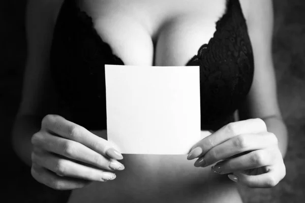 Young Woman Bras Holding Blank Paper — 图库照片