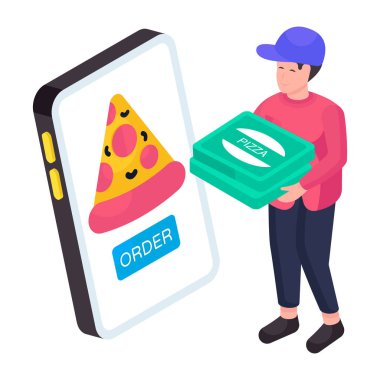 Mobil pizza siparişinin kavramsal izometrik tasarım çizimi 