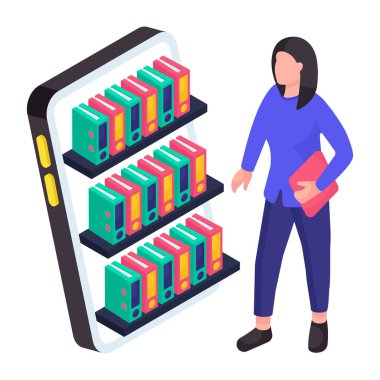 Mobil kütüphanenin kavramsal izometrik tasarım çizimi