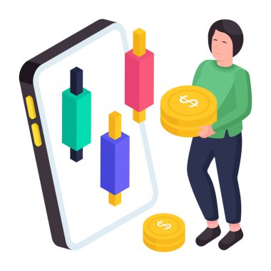 Akıllı telefonun içindeki şamdan şeması, mobil grafiğin izometrik tasarımı