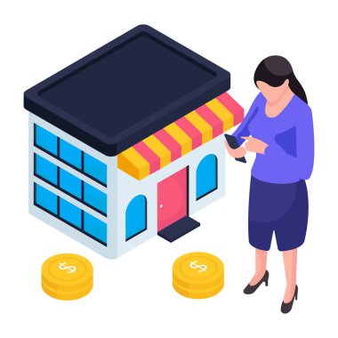 Dükkan mimarisinin izometrik tasarım çizimi