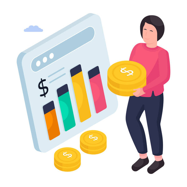 Концептуальная изометрическая проектная иллюстрация финансовой аналитики 