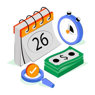 Takvim ve ödeme gününün izometrik tasarımı ile paranın resmedilmesi