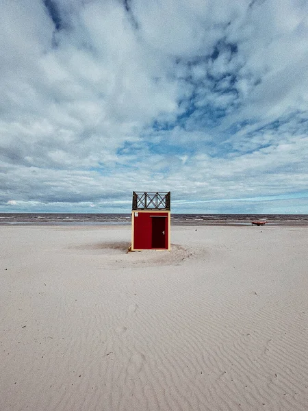 Small rescue station on the Baltic Sea beach in Jurmala, Latvia