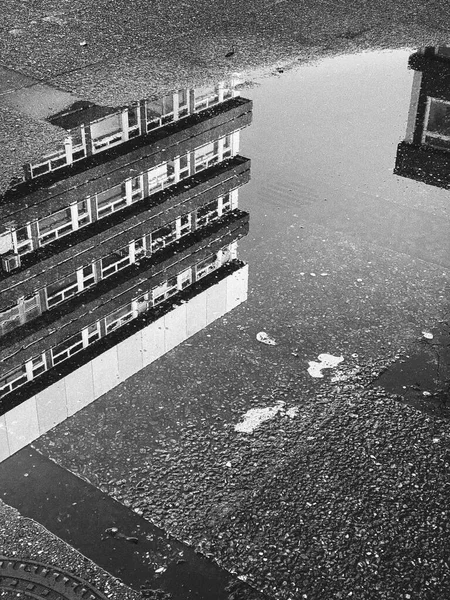 Reflection of concrete architecture in a puddle