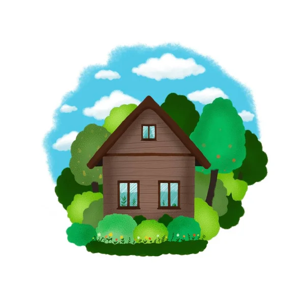 House illustration. Cute brown house, home, cloudy blue sky, plants, trees and bushes